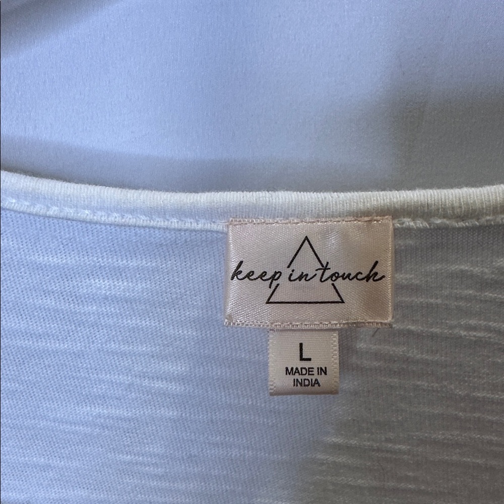 Keep in Touch short sleeve, cotton knit w/navy embroidered top.  Size L. - Picture 2 of 4